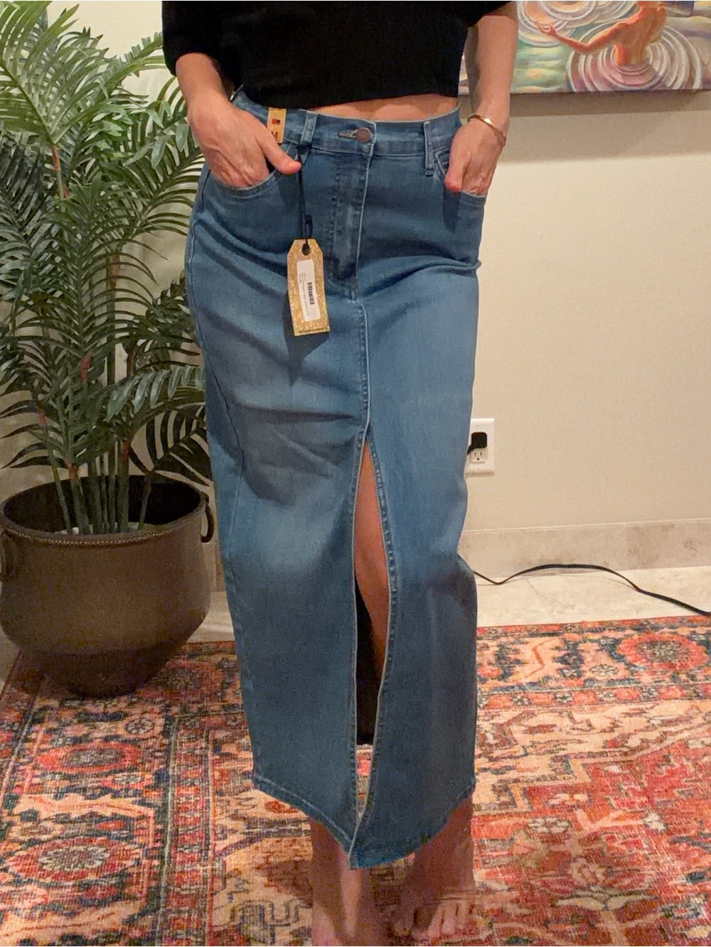 Straight-Leg Denim Skirt with Front Slit - Blue
